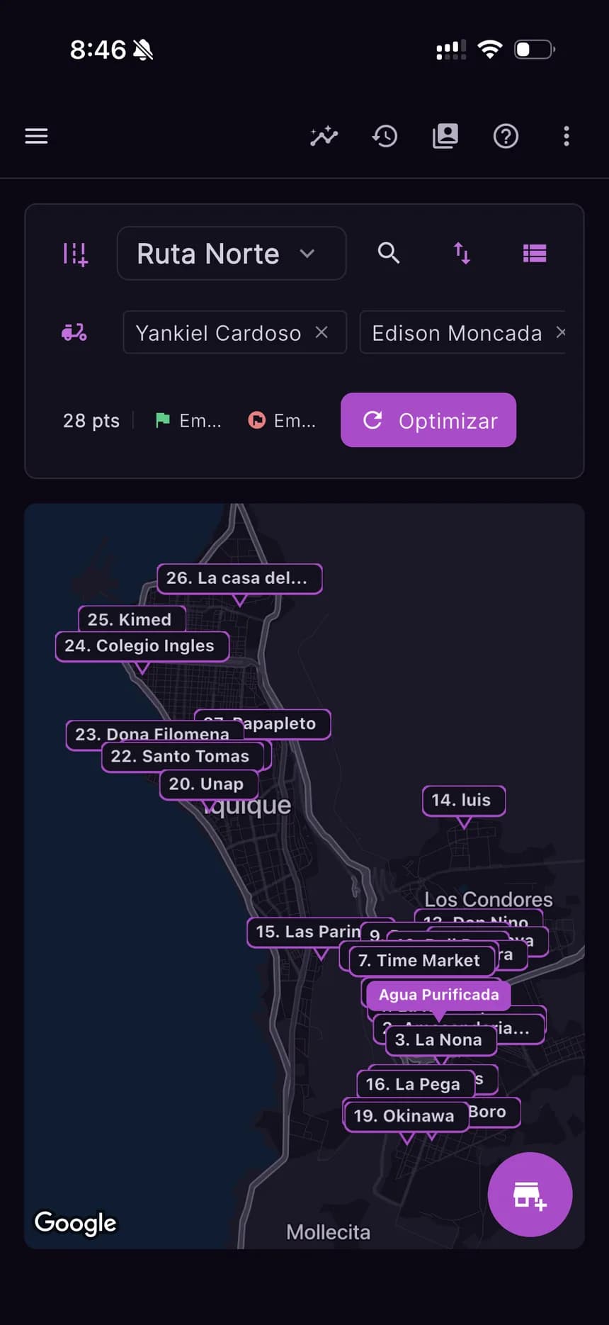 Ruta de reparto optimizada en el mapa
