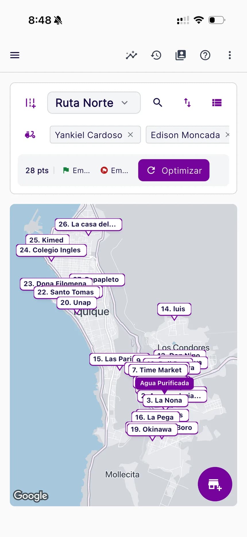 Ruta de reparto optimizada en el mapa