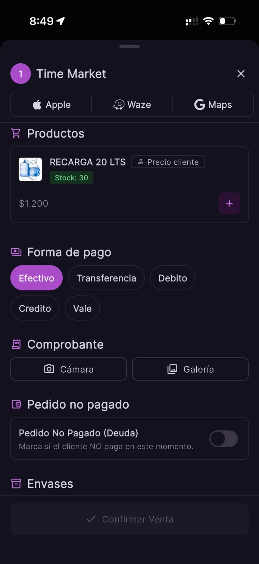 Venta confirmada por el repartidor en dos toques