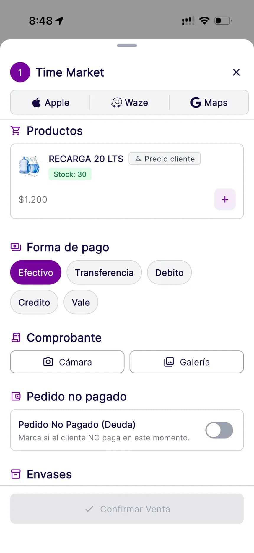 Venta confirmada por el repartidor en dos toques